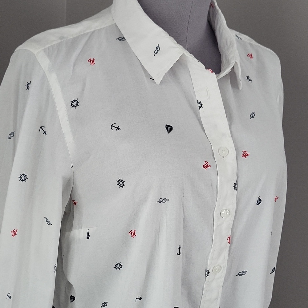 Tommy Hilfiger Nautical Print Relaxed Fit Button Down Shirt - White - L